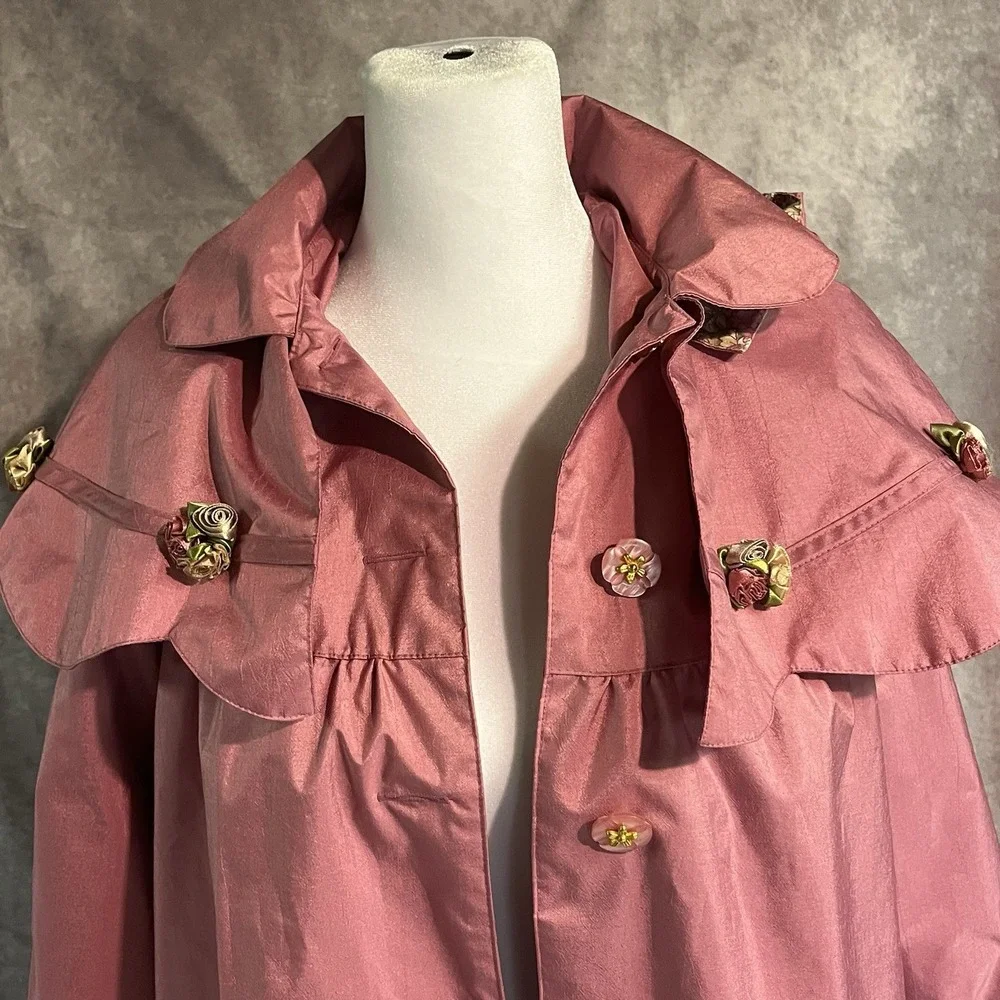 Giacca Young Gallery Vintage Pink Girls 7 Raincoat Rosettes Shiny Capelet Hood‎
